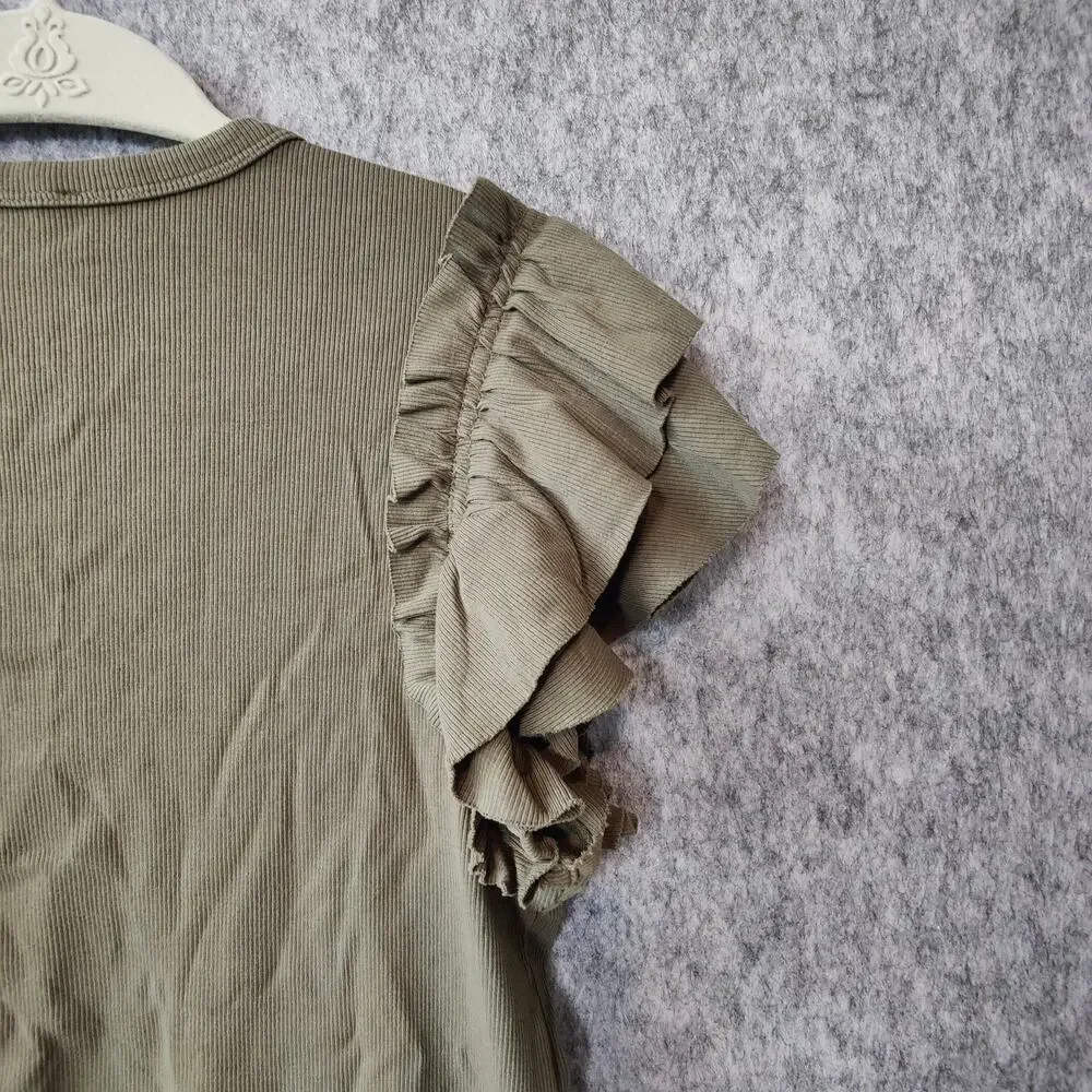 Express Coastal Island Vacation Ribbed Fairy Ruffle Romantic Artsy Sleeve Top - Picture 3 of 6